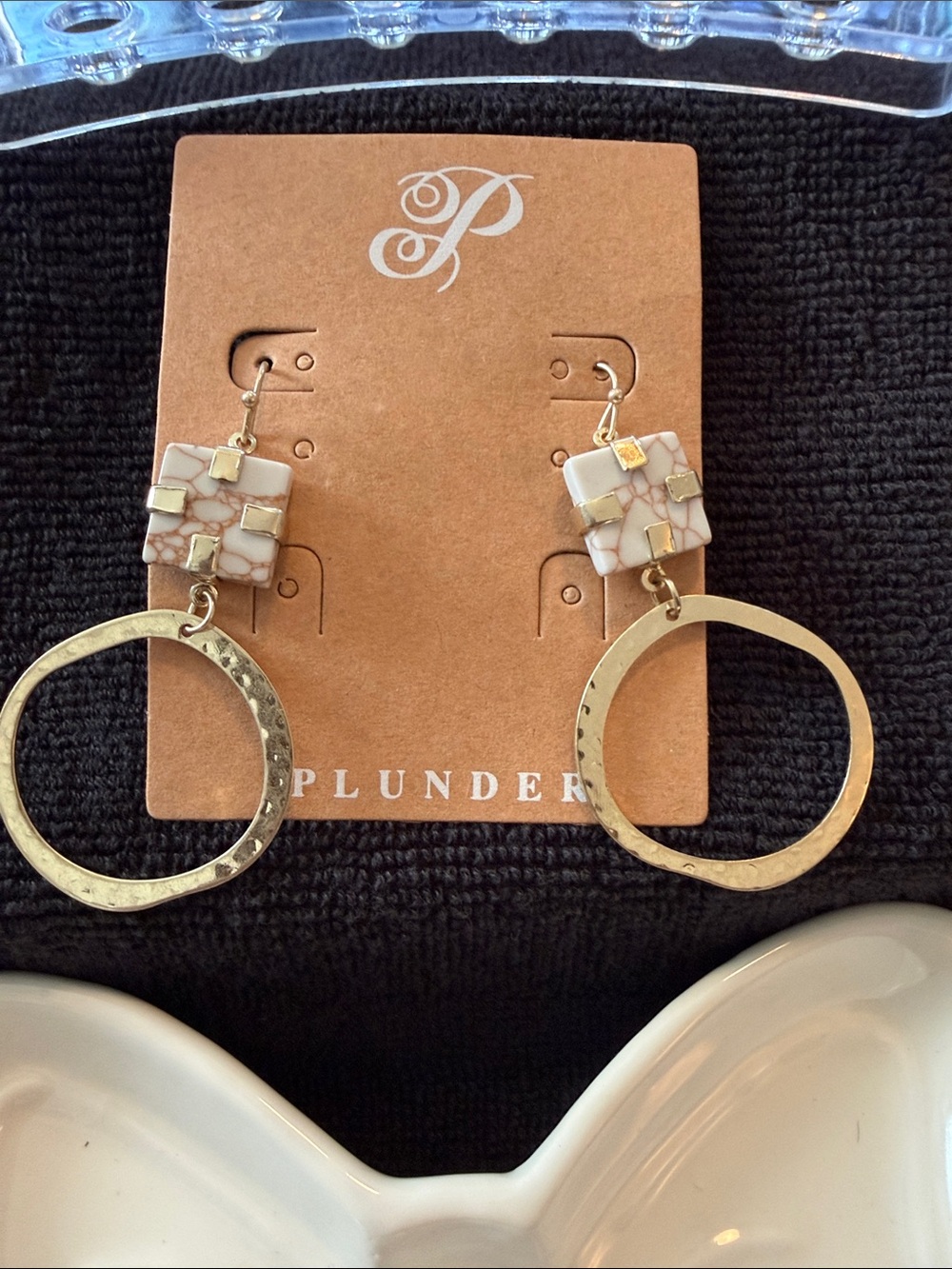 Plunder Gold Hoop Earrings with Cream Marble Tile Accents